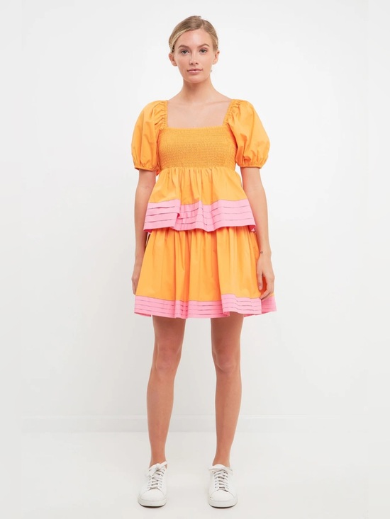 English Factory Dresses & Skirts - Colorblock Smocked Tiered Mini Dress in Orange with Pink Trim